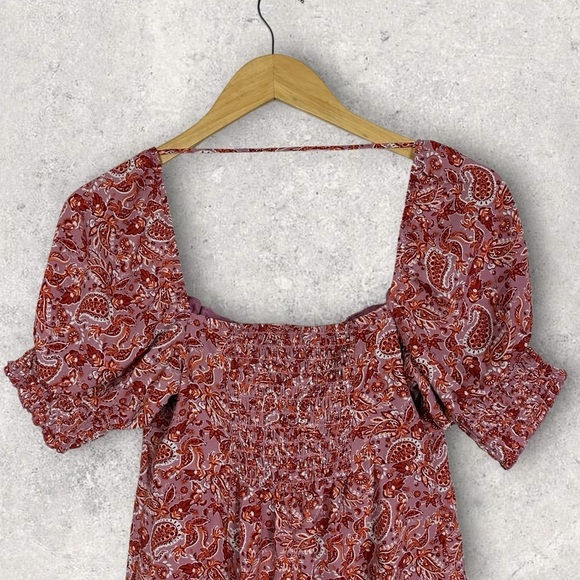 Nordstrom Smocked Puff Sleeve Mini Dress Red Pink Size Small Sweetheart Boho S - Picture 9 of 10